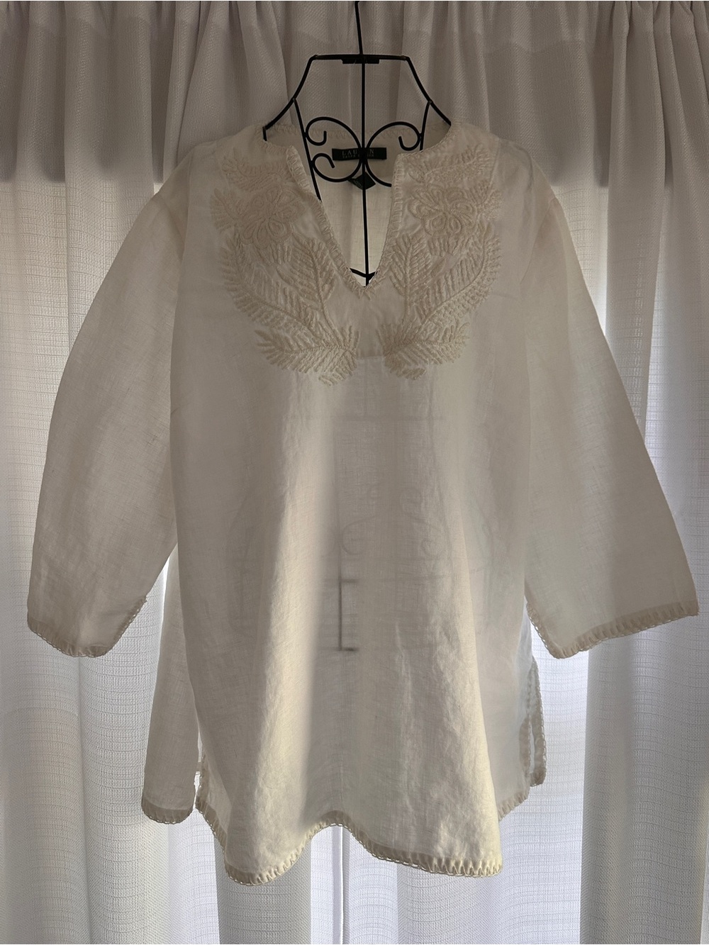 LAUREN Ralph Lauren Plus Size Cream Embroidered V-Notch Linen Tunic w 3/4 Sleeve - Picture 3 of 9